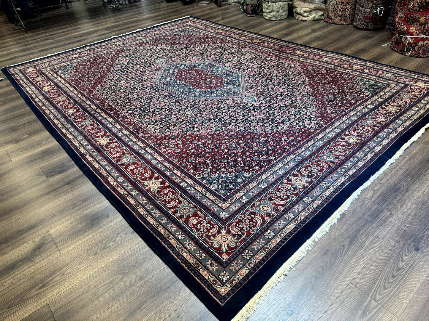 Indo Persian Bidjar Rug 9x12 Wool Handmade Carpet Dark Blue