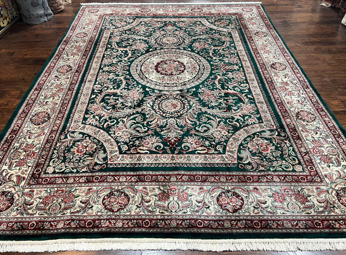 Persian Rug 9x12 Dark Green Cream Floral Medallion Handmade Wool Carpet