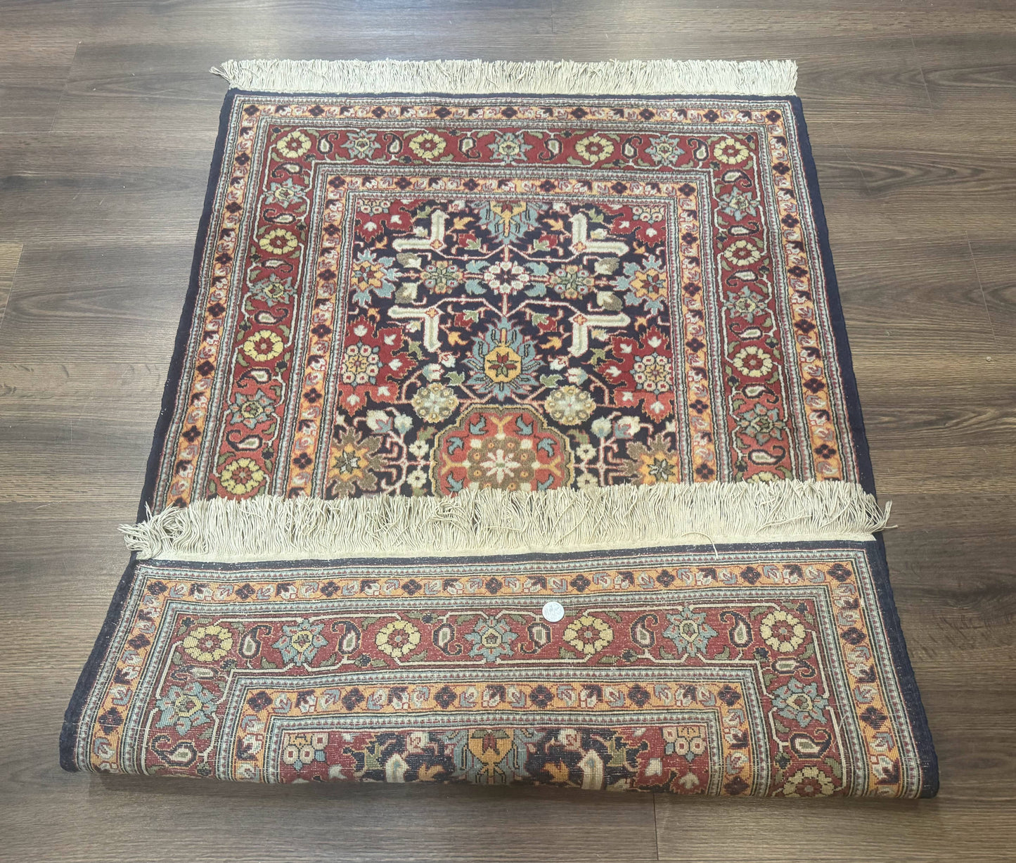 Turkish Hereke Rug 3x5 Hand Knotted Wool Vintage Navy Blue Red 210 KPSI