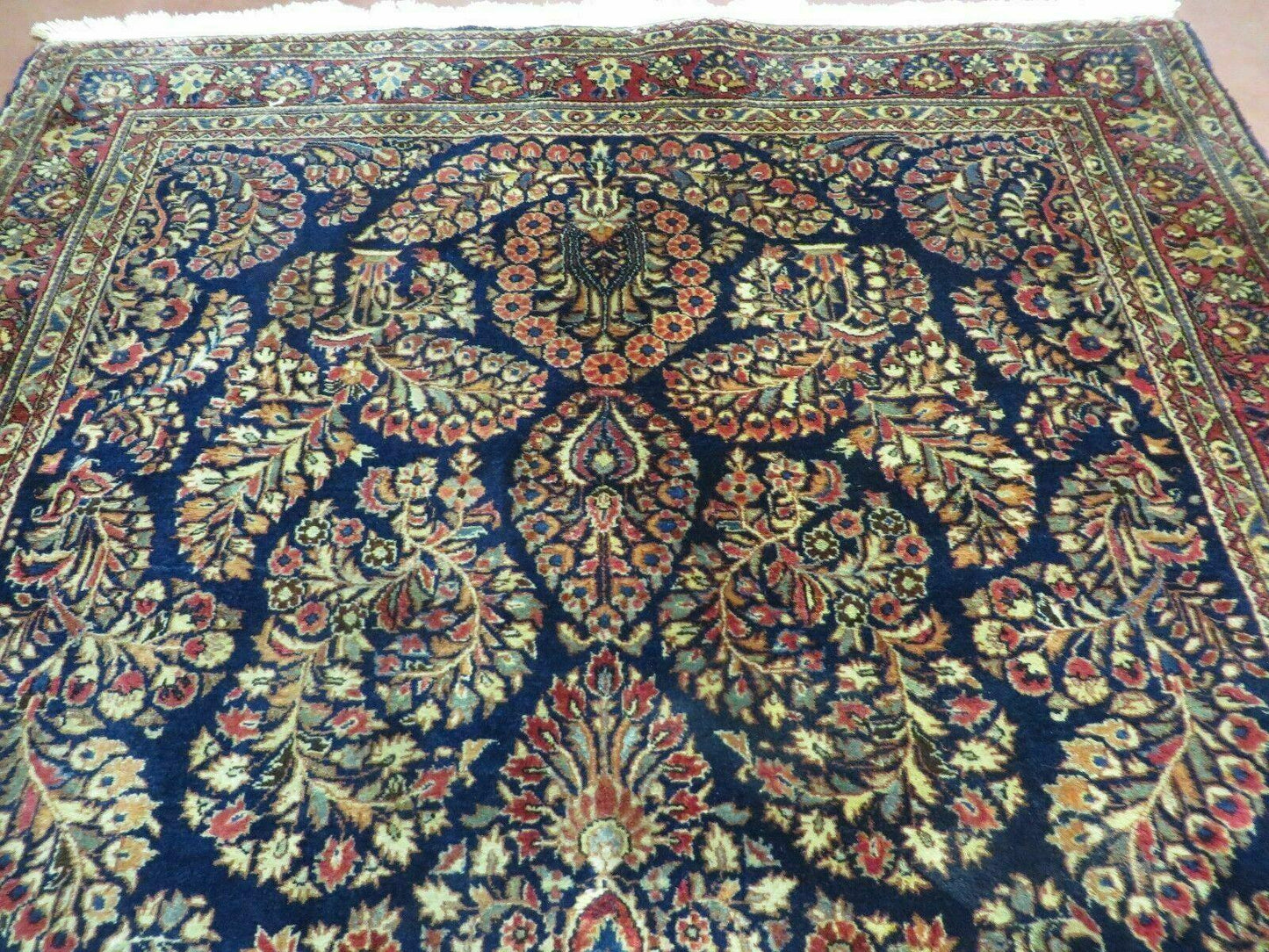 Antique Persian Sarouk Rug 4x6 Hand Knotted Wool Floral Oriental Carpet Navy And Red