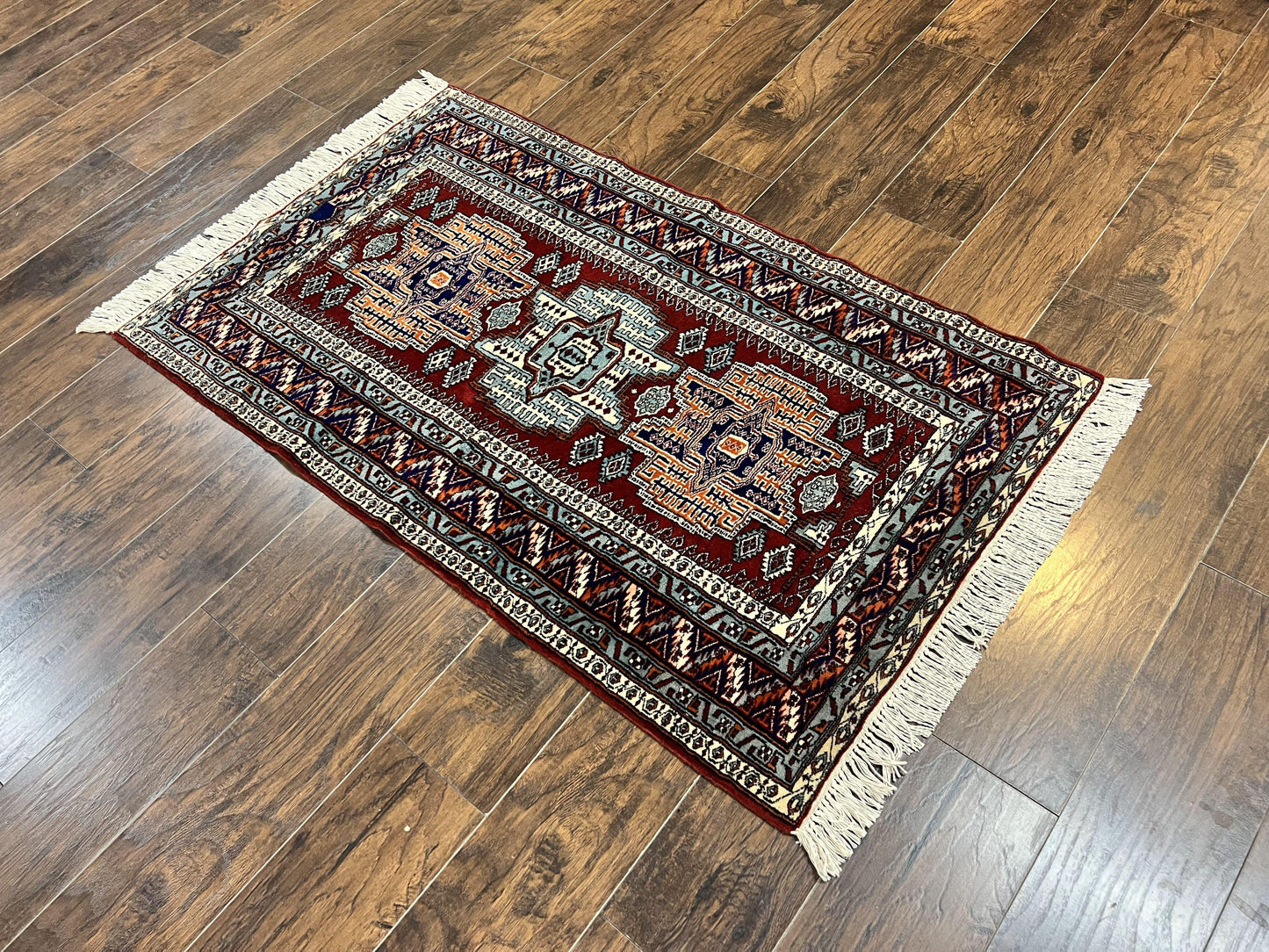 Kazak Rug Vintage Handmade Wool 3x5 Ft Pakistani Geometric Dark Red Oriental Carpet