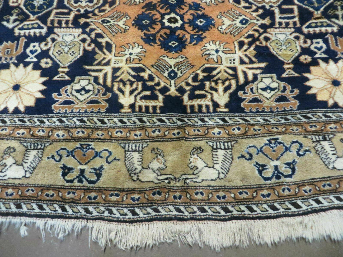 Persian Qum Rug Five Foot Six By Eight Foot Eight Navy Blue Vintage 1960s Cleaned