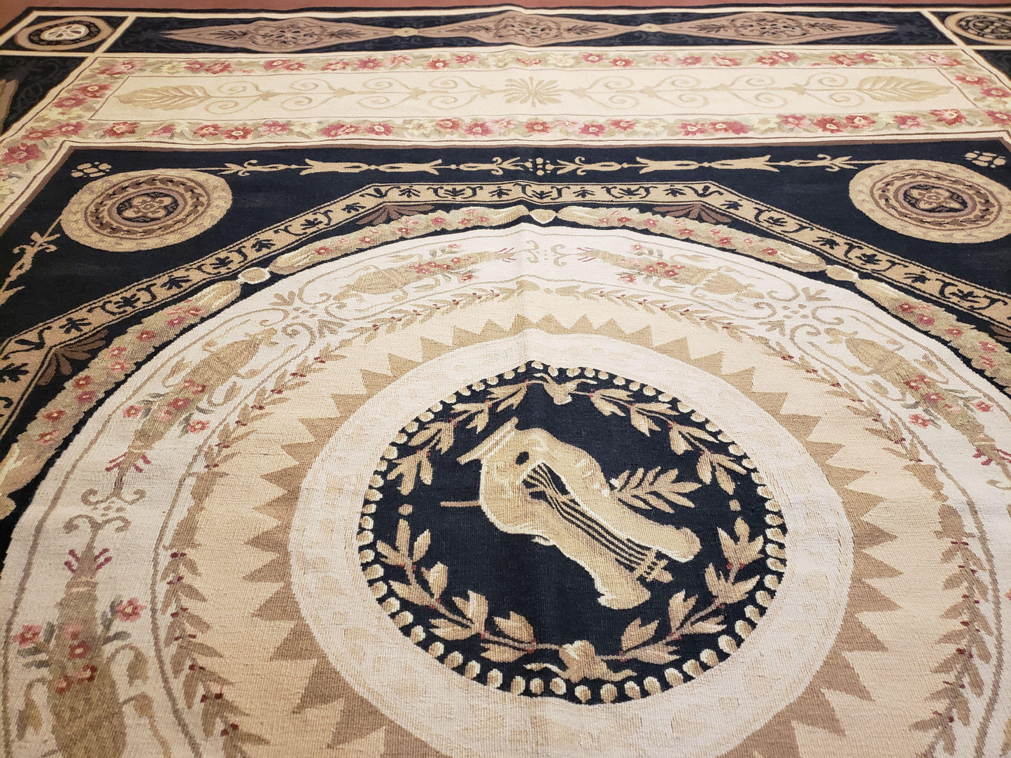 Wool Needlepoint Rug 8x10 Hand Knotted Flat Weave Black Harp Flowers