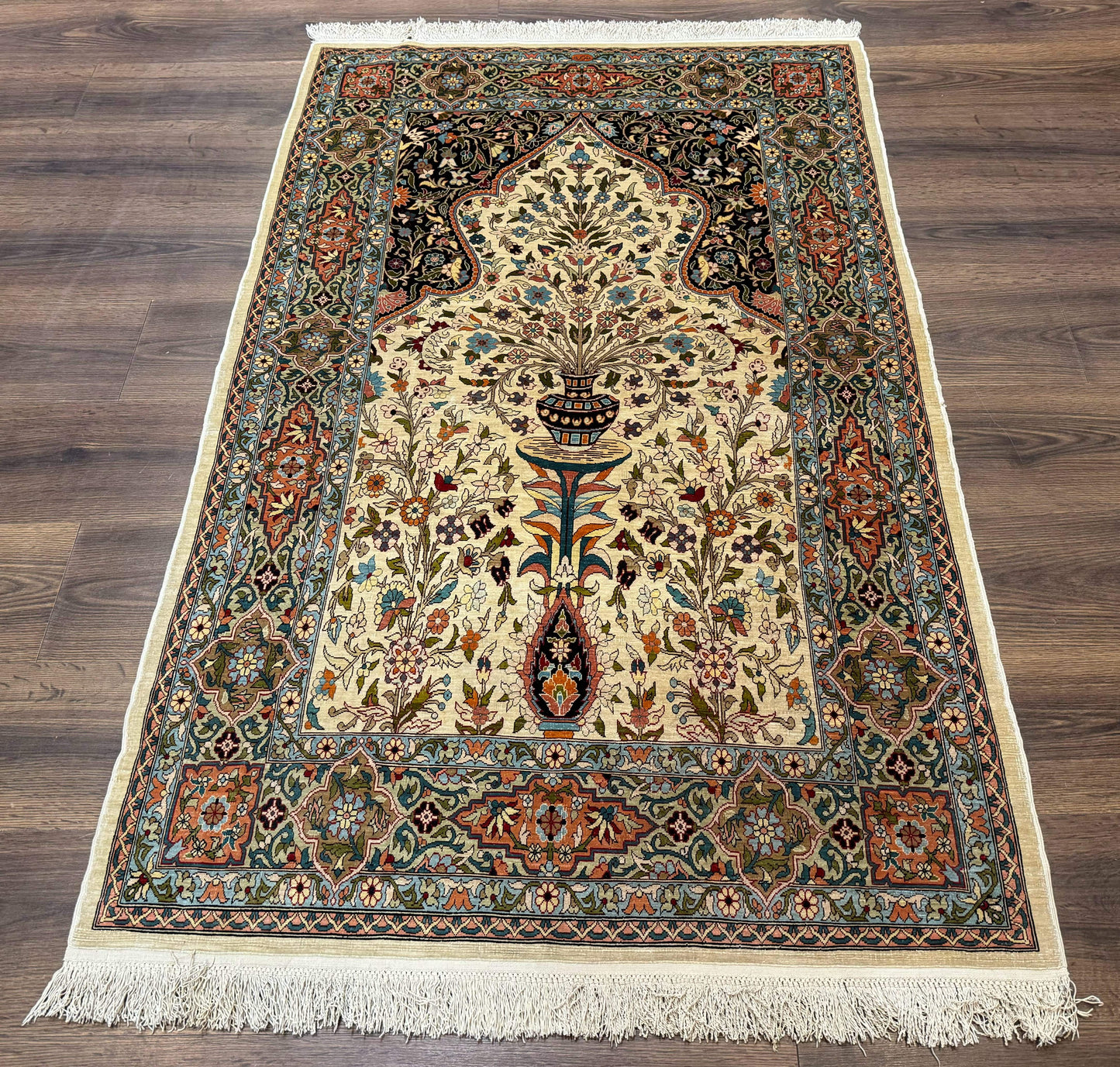 Rare Turkish Hereke Silk Rug 3x5, Tree of Life Persian Vase Design, Very Fine 440 KPSI, Signed