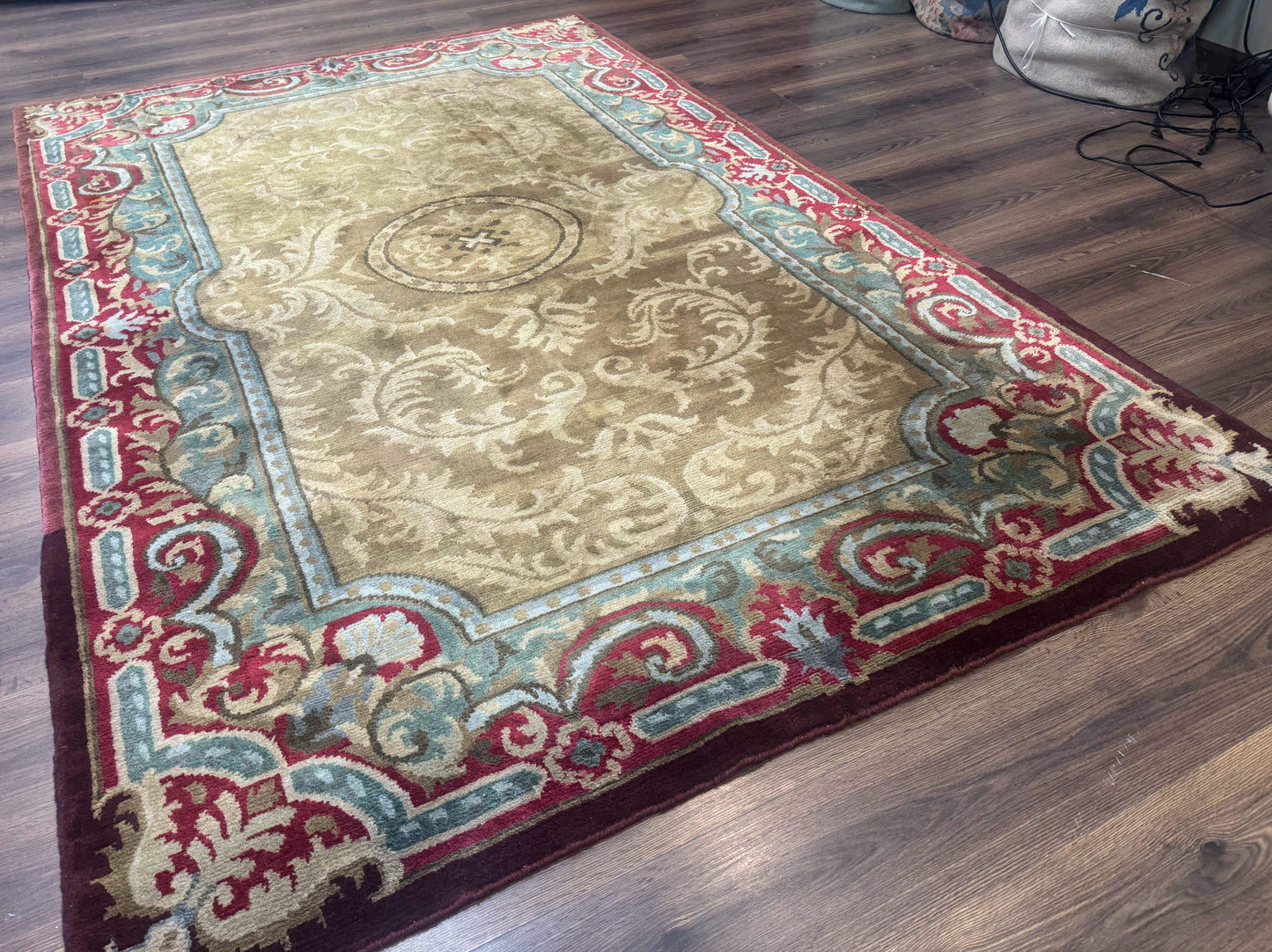 Tibetan Aubusson Rug 6x9, Gold-Beige, Soft Wool Pile, Handmade