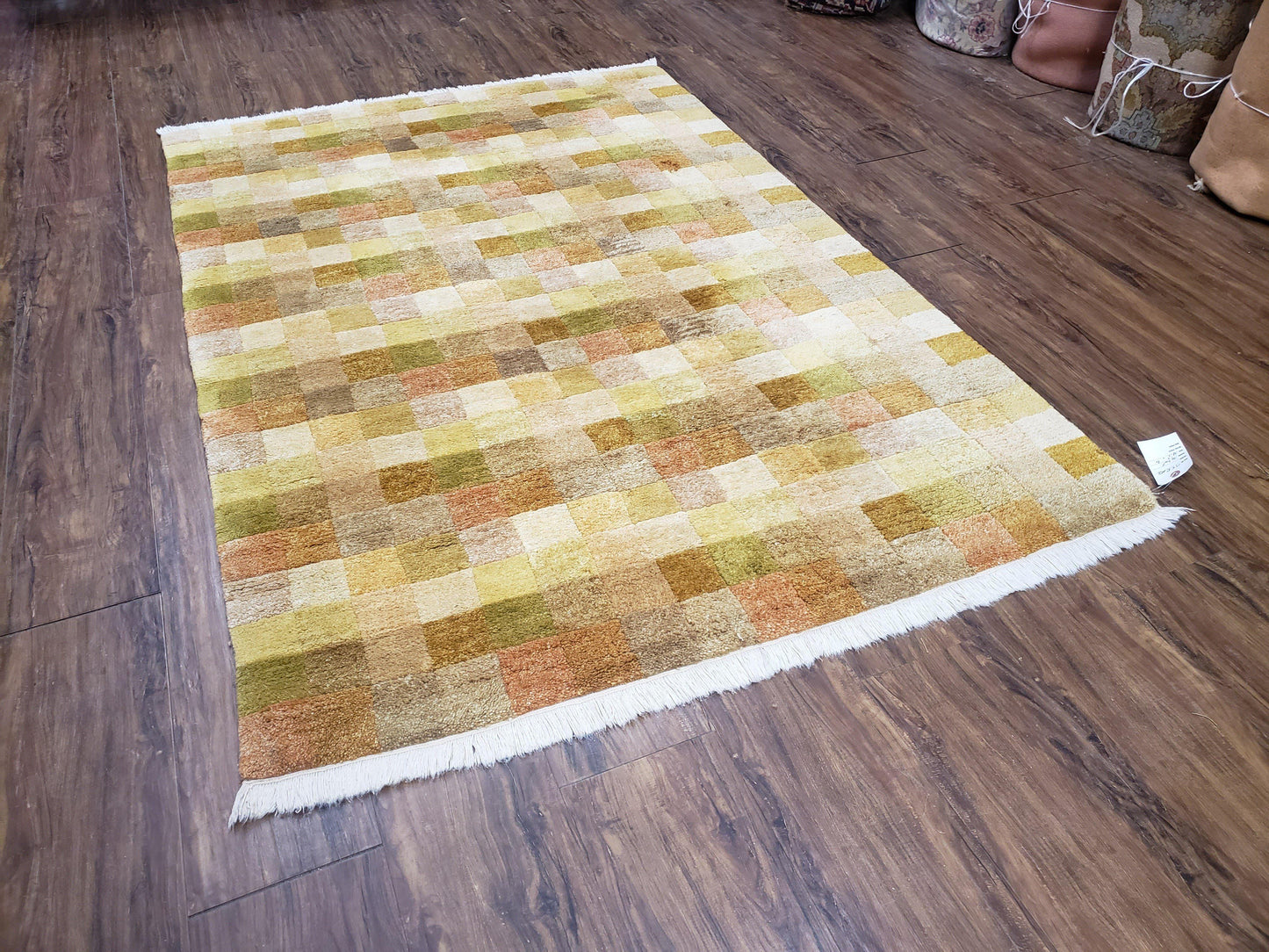 Tibetan Rug 4x6 Modern Abstract Handmade Area Rug With Checkerboard Pattern Ivory Gold Tan