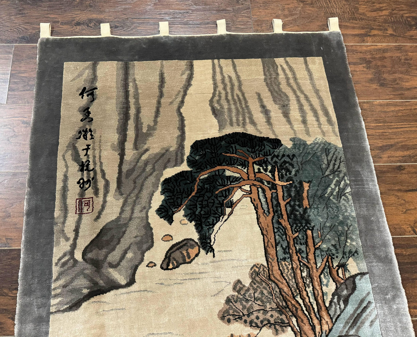 Chinese Silk Wall Hanging Hand Knotted 3x5 Feet River And Boat Scene Rug Tapestry For Home Decor