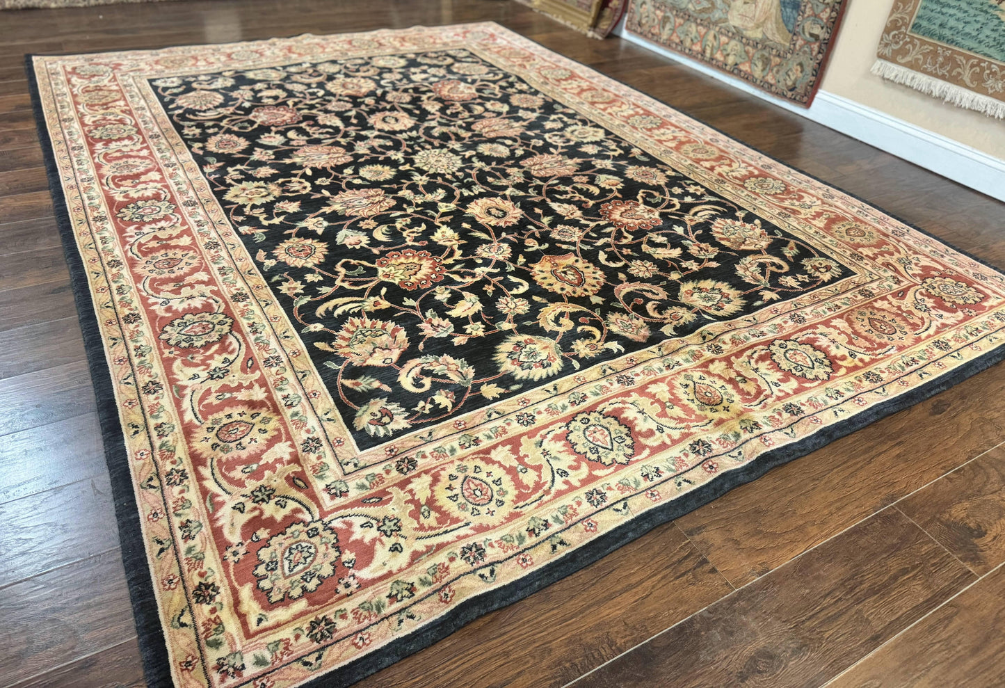Vintage Oriental Rug 8x11, Floral Persian Design Carpet, Turkish Power Loomed Rug, Navy Blue Red Cream