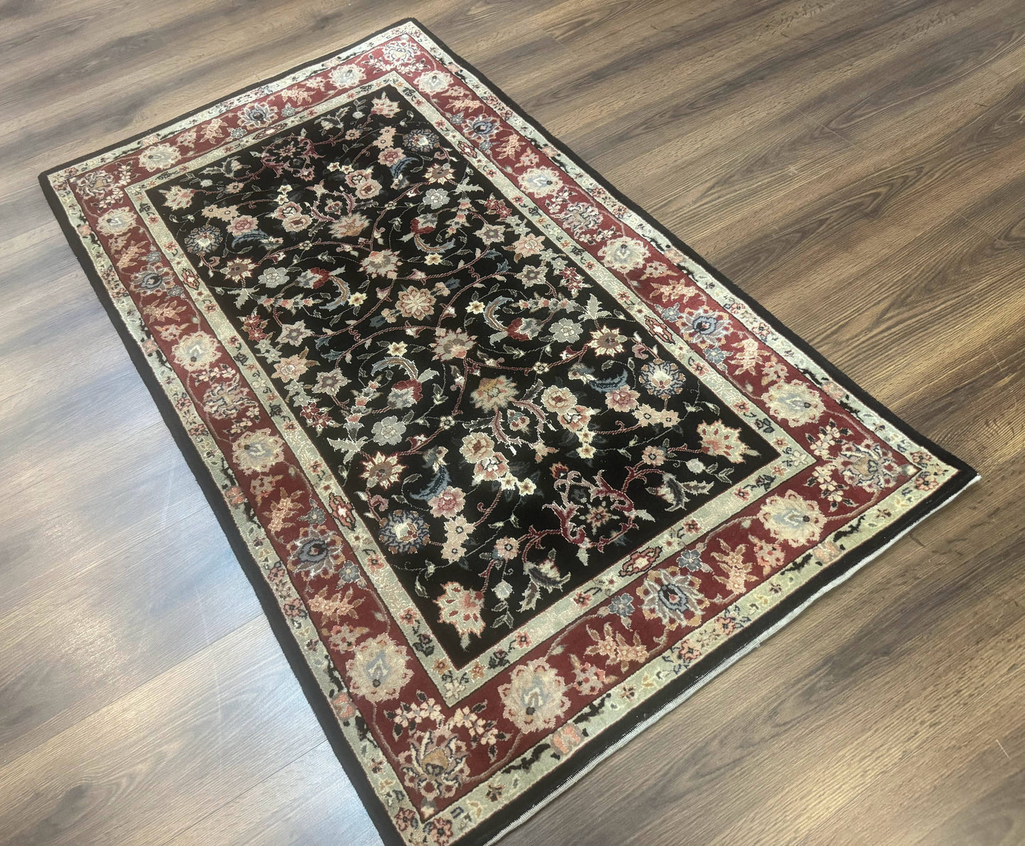 Black Sino Persian Rug 3x5, Wool with Silk Highlights, Floral, Fine 170 KPSI