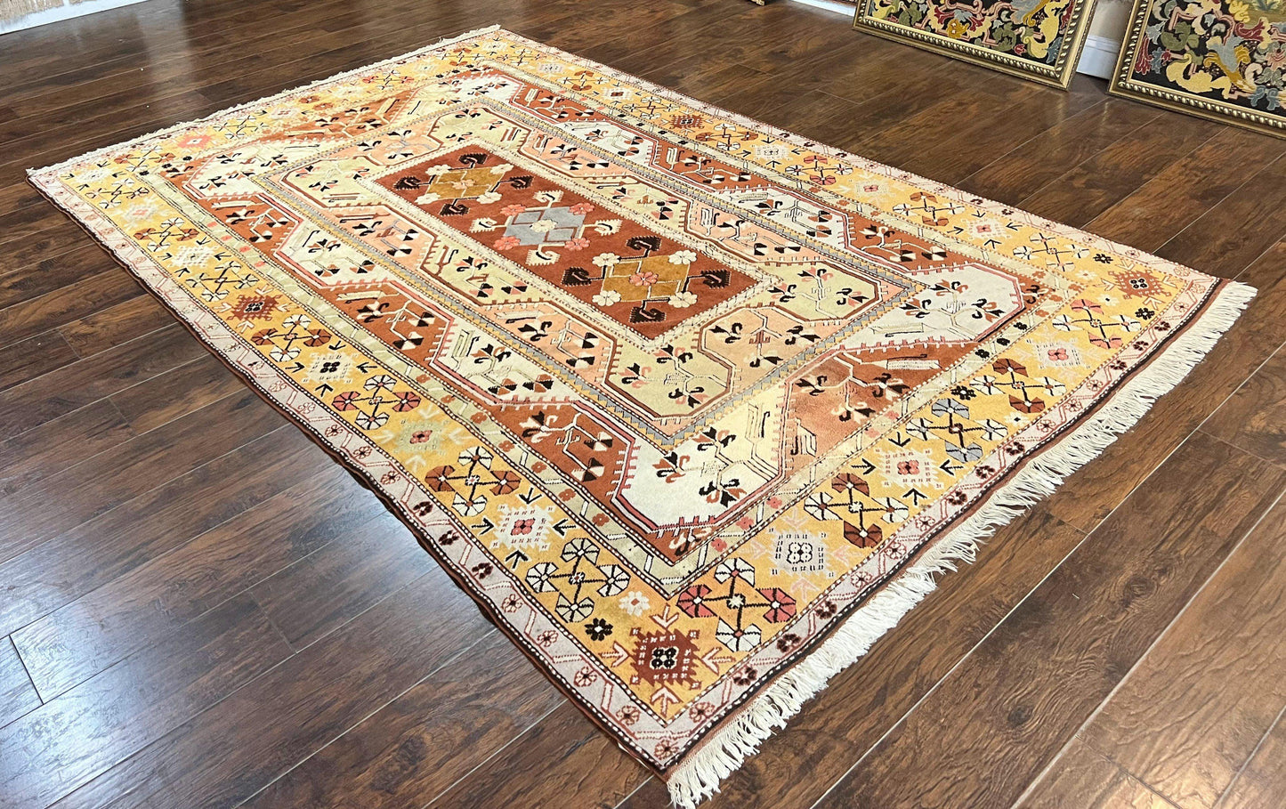 Turkish Hand Knotted Wool Rug 7x10 Vintage Kazak Geometric Pattern