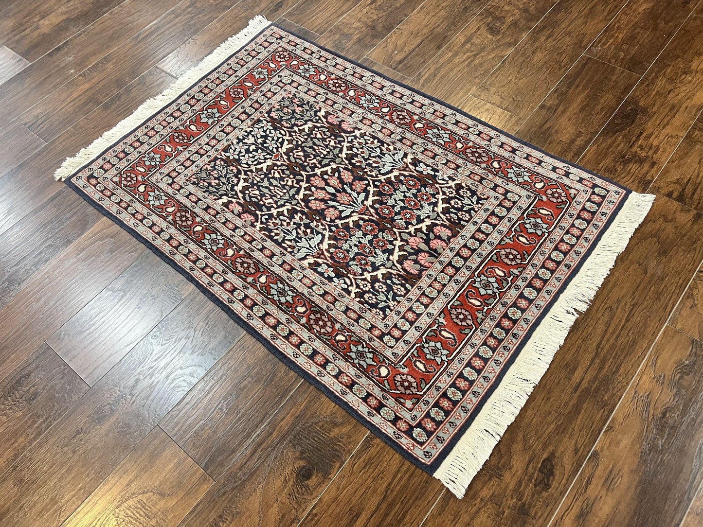 Pak Persian Rug 3x4, Wool Hand Knotted Vintage Traditional Carpet, Navy Blue & Red, Very Fine Small Handmade Floral Rug
