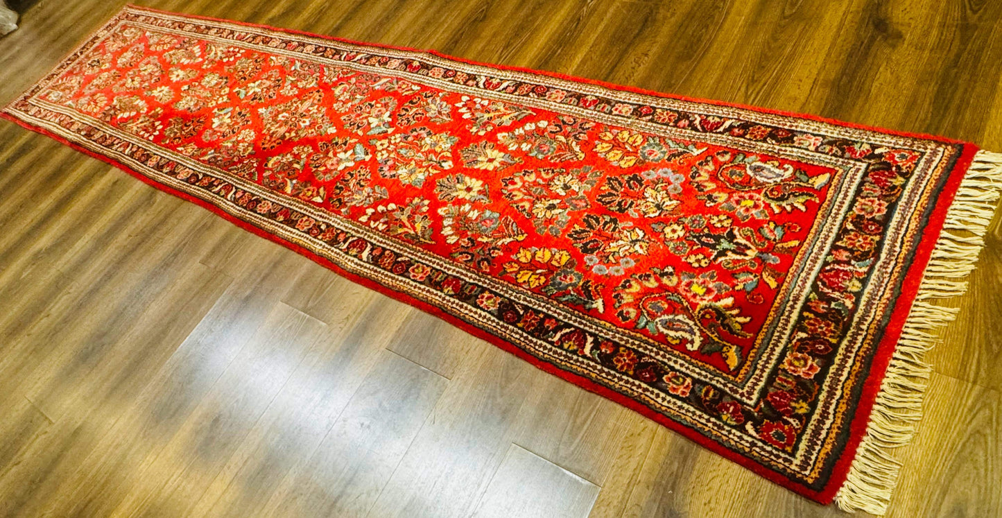 Persian Sarouk Runner Rug 3x12, Red Floral 3 x 12ft Runner, Vintage, Wool