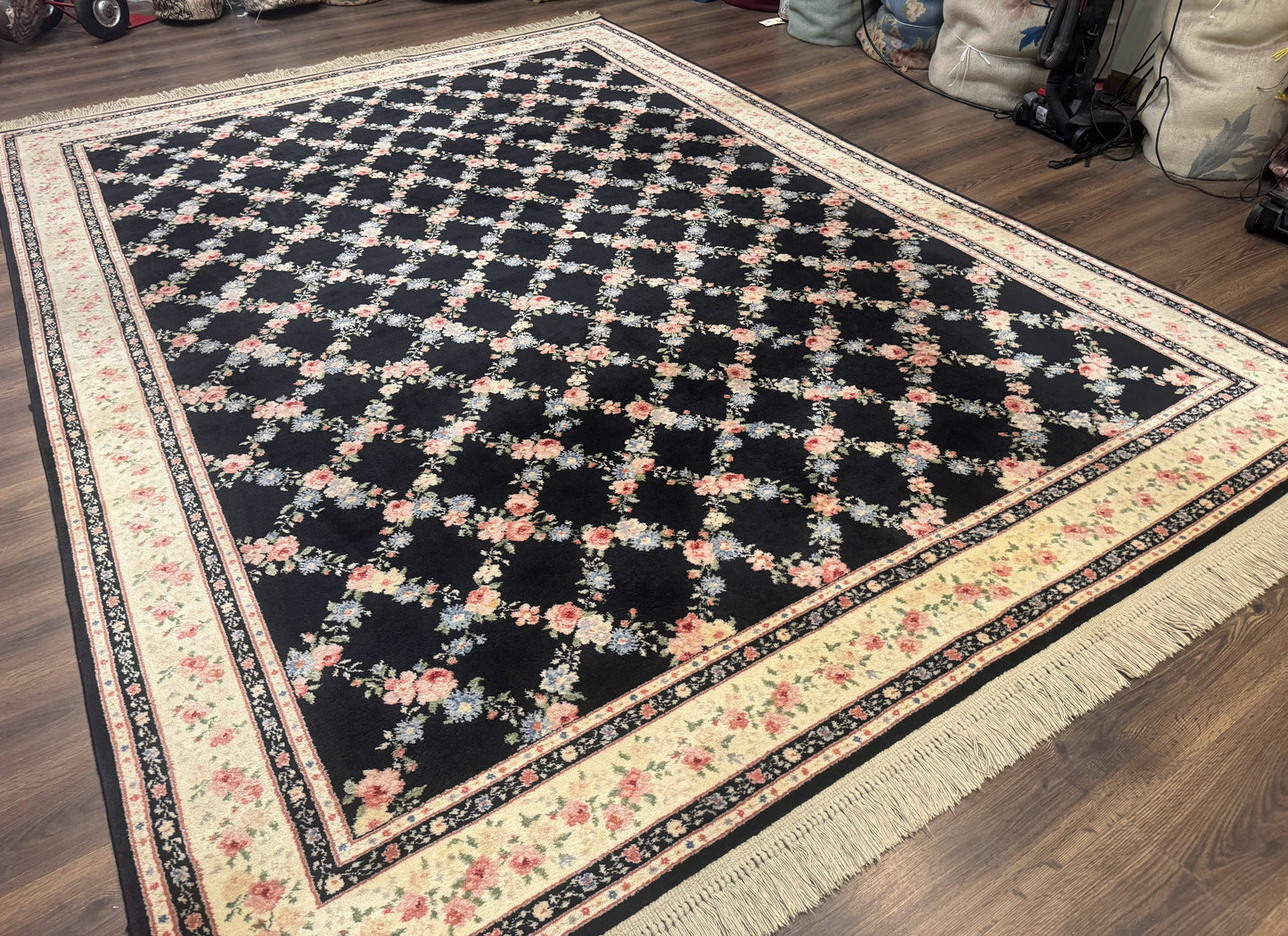 Karastan Garden of Eden Rug 8.8 x 12 Ebony Trellis Floral Wool Pile Vintage Discontinued