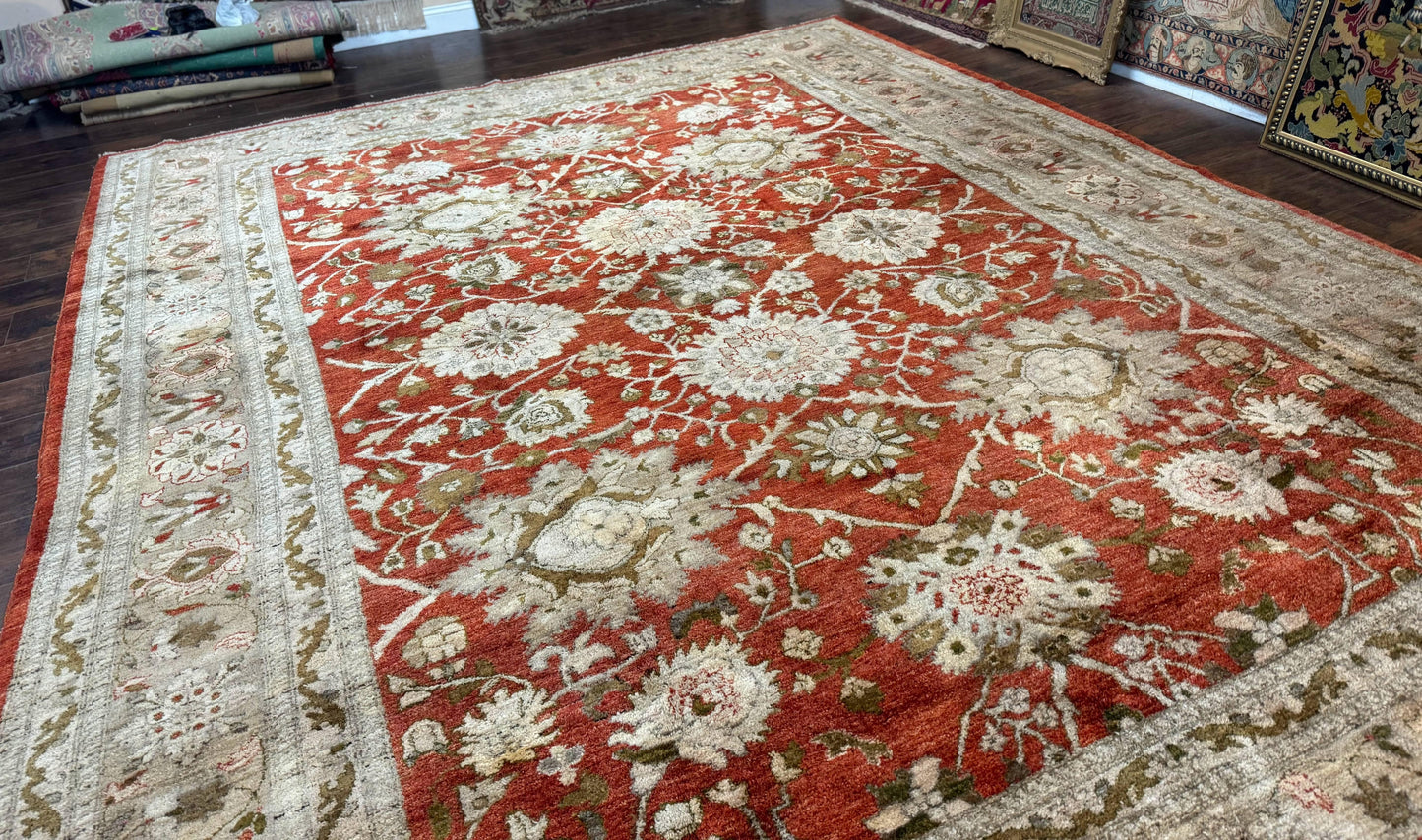 Pakistani Peshawar Rug 10x13, Burnt Orange, Large Handmade Wool Carpet