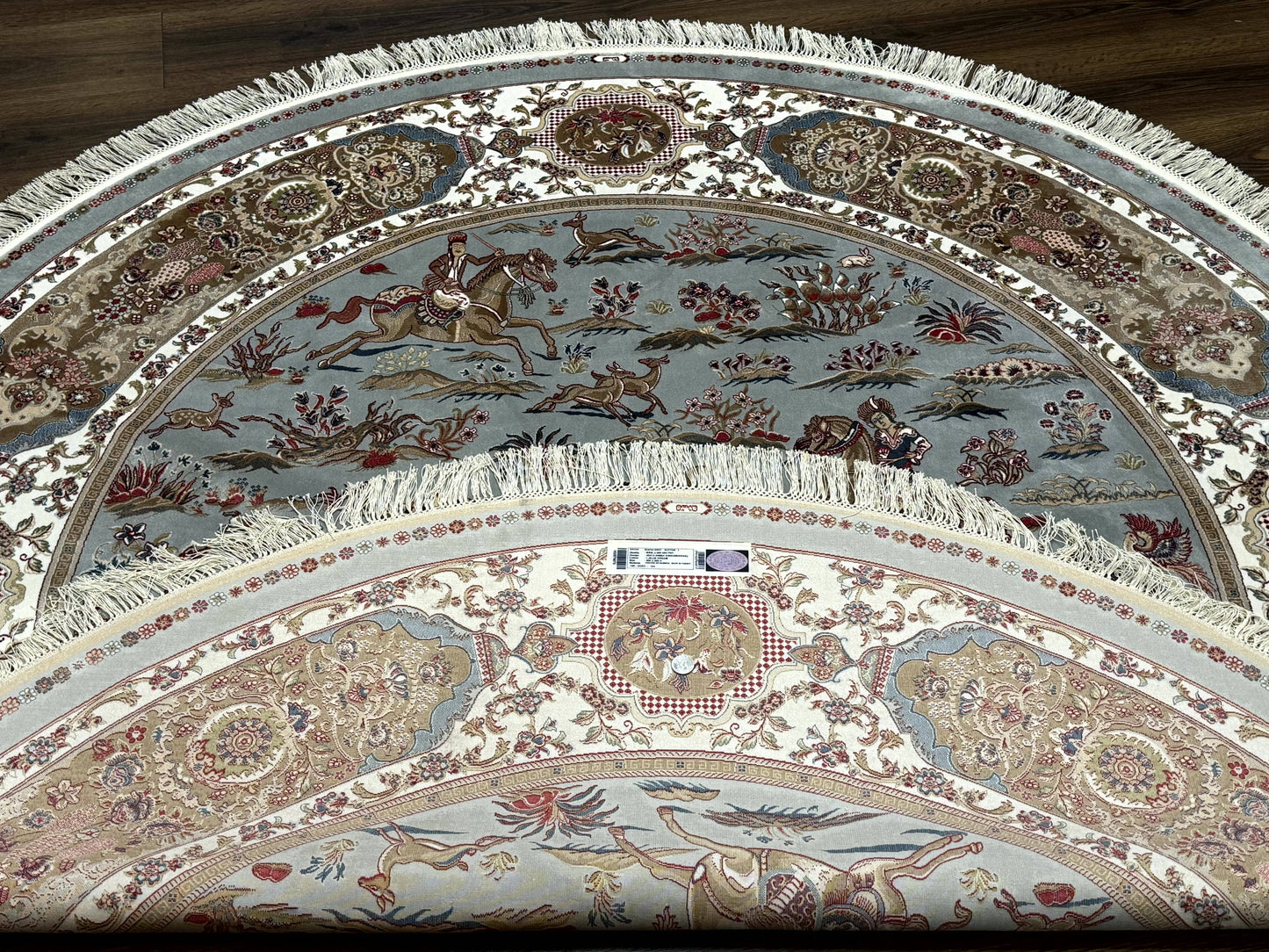 Round Silk Rug 6x6 Bamboo Silk Hunting Design With Animal Pictorials