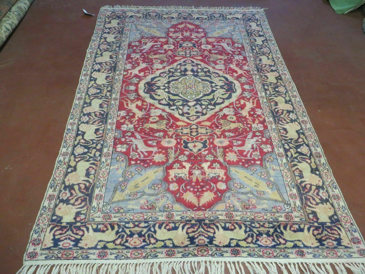 Silk Turkish Kayseri Rug Antique Hand Knotted Lions Deer Floral Medallion 4.5x6.7 Oriental Carpet
