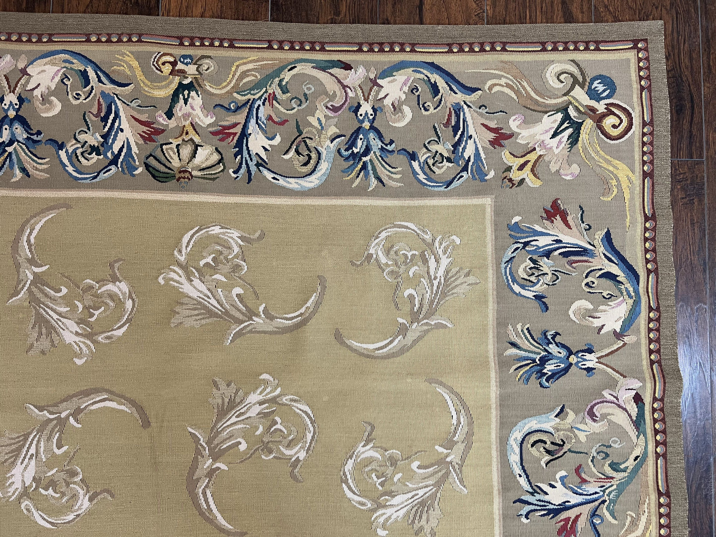 Vintage Aubusson Flatweave Area Rug 9x12, Aubusson Weave, Wool, Beige, Handmade, French European Design, 8'9" x 11'9"