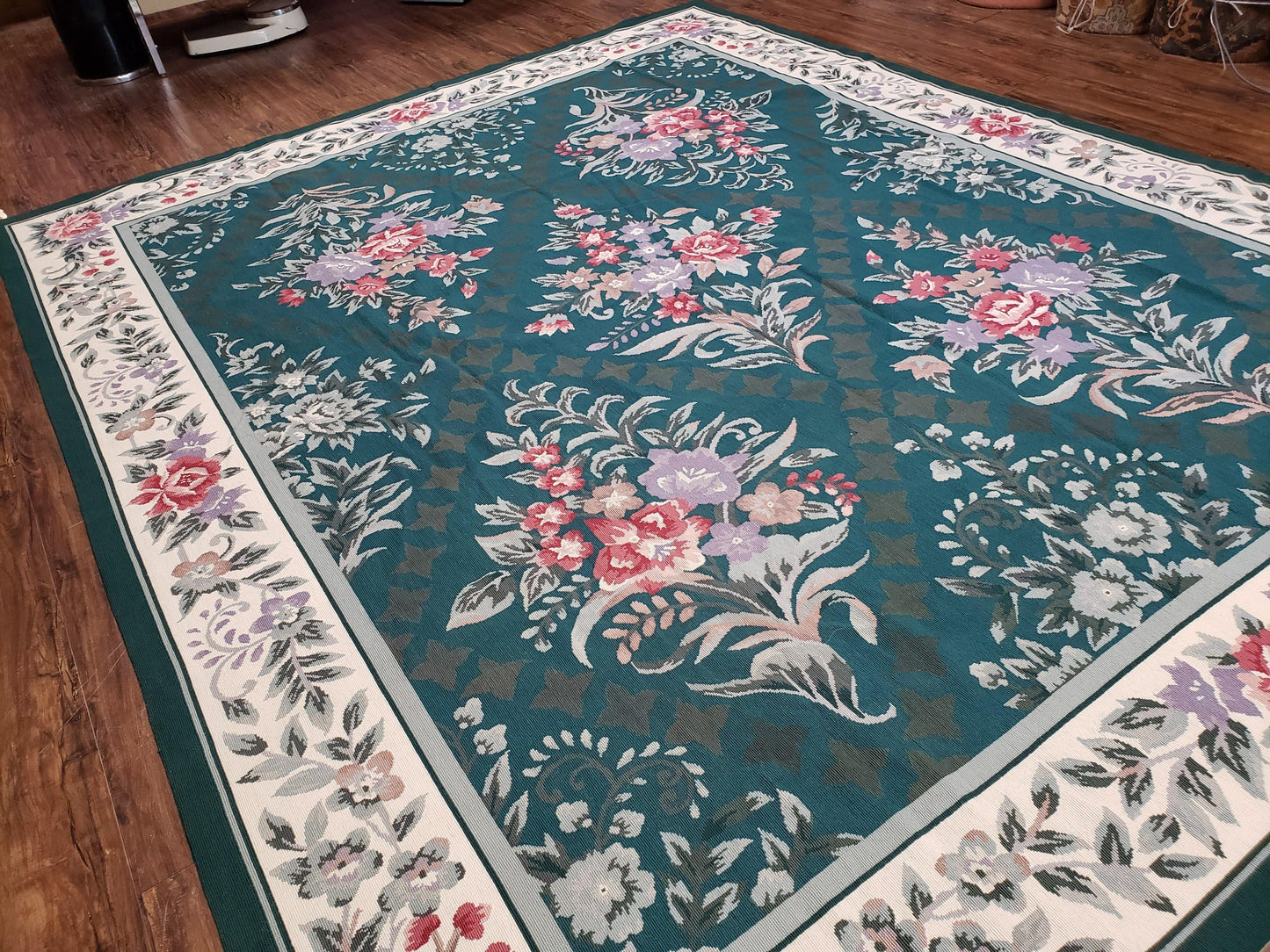 Chinese Needlepoint Rug 8x10 Vintage Green Handwoven Wool Carpet European Floral Living Room Rug