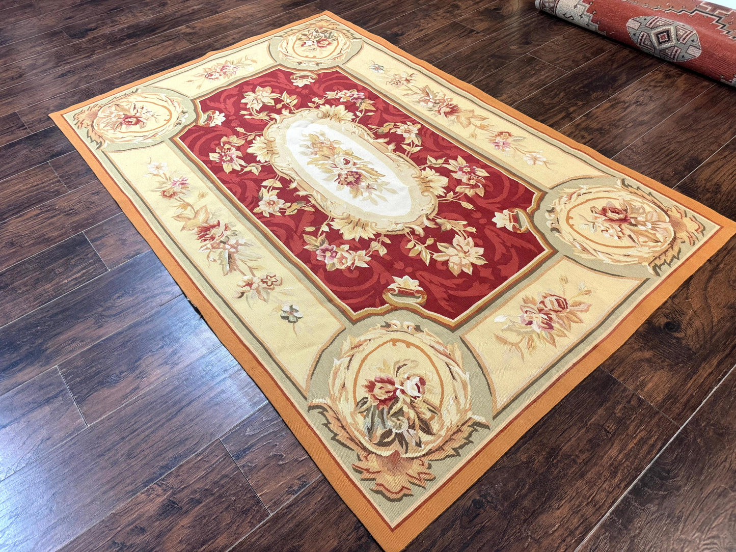 Aubusson Rug 4x6 Red Floral European Design Vintage Wool Handwoven