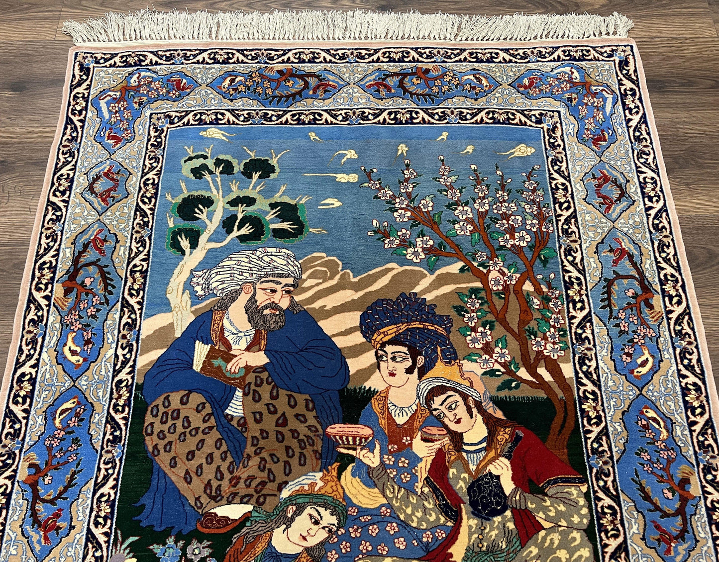 Fine Persian Isfahan Pictorial Rug 3.7 x 5, Kork Wool on Silk Foundation, Blue Persian Carpet, Hand Knotted, Humans Birds, High KPSI, Semi Antique