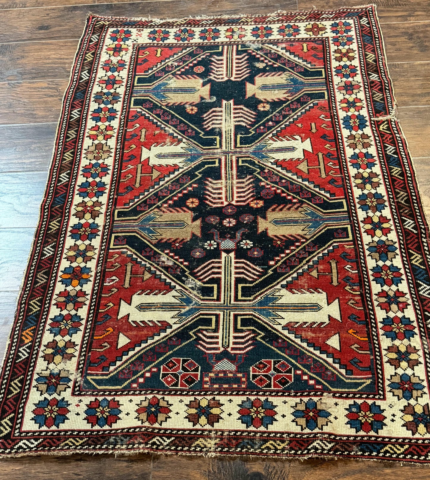 Antique Shirvan Caucasian Rug 3x5 Geometric Wool Hand Knotted Red Navy Beige