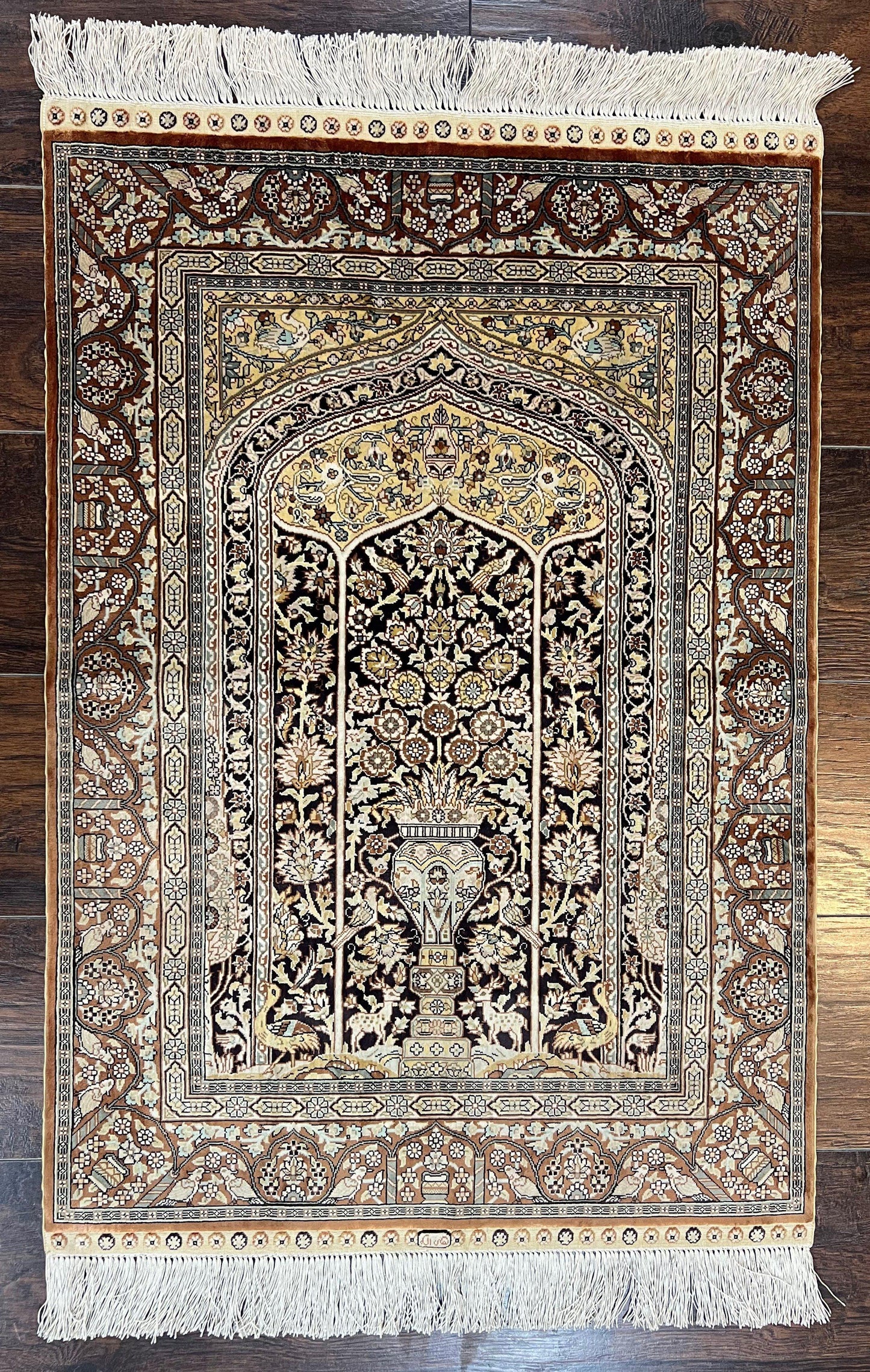Turkish Hereke Silk Rug 2x3 Floral Vase Tree Of Life Birds Vintage Carpet