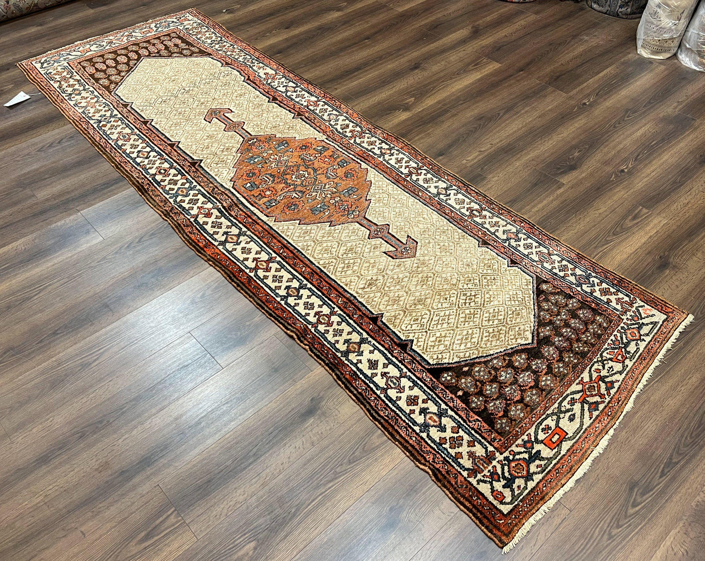 Rare Persian Tribal Runner Rug 3.5 x 10, Sarab Serab Kalegy Carpet, Antique 1920s Collectible Geometric Medallion Oriental Wool Runner, Hand Knotted, Camel Hair Color