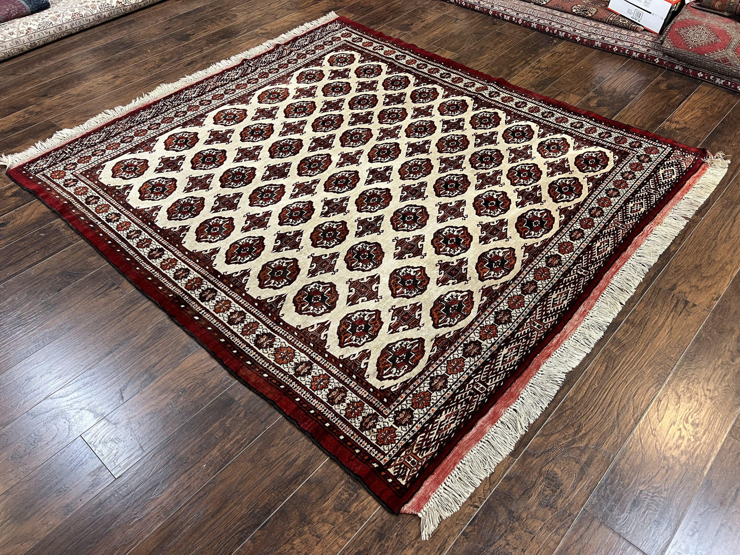 Persian Turkoman Rug Yamud 7x8 Hand Knotted Cream Red Bohemian Tribal Carpet