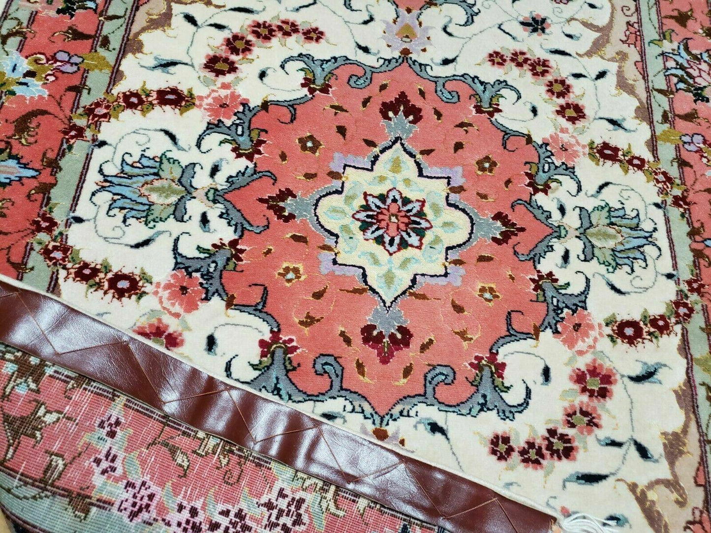 Vintage Persian Tabriz Wool Silk Rug Hand Knotted Medallion Ivory Salmon Light Blue