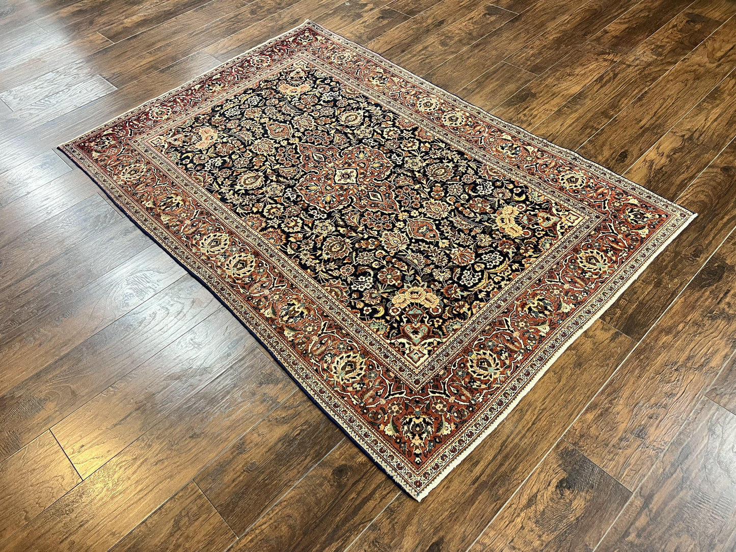 Persian Kashan Rug 4x7, Floral Medallion Vintage Handmade Hand Knotted Navy Blue & Red Wool Oriental Carpet, Highly Detailed Semi Antique Rug