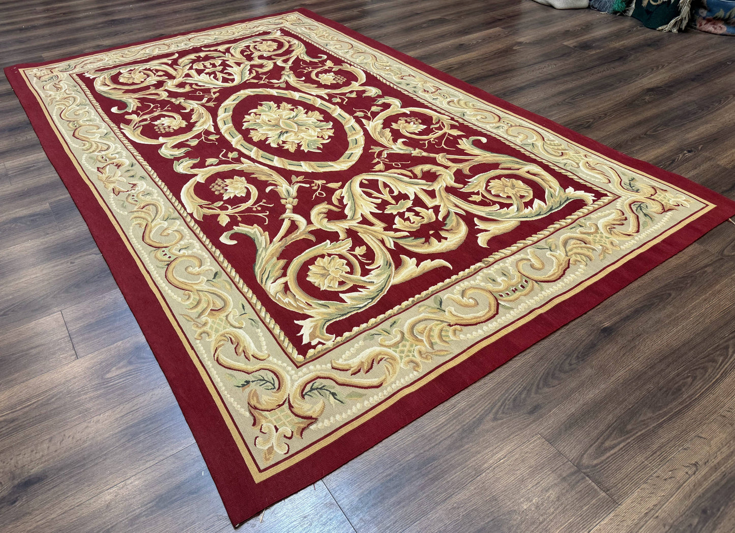 Burgundy Aubusson Wool Rug 6x9 Hand Knotted Vintage Carpet