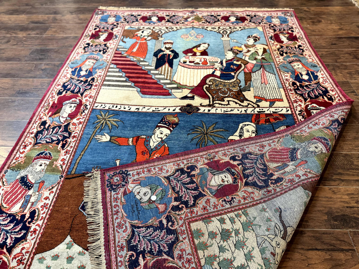 Rare Persian Kashan Pictorial Rug 6x9, King Bahram Hunting Scene, Persian Kings, Hand Knotted Persian Rug for Wall Hanging, Antique, Wool