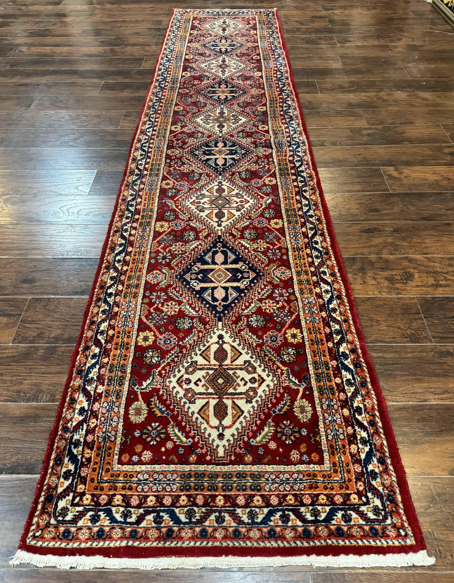 Antique Persian Qashqai Runner Rug 3 x 13 ft, Tribal Runner, Geometric Medallions, Red Ivory Blue, Wool