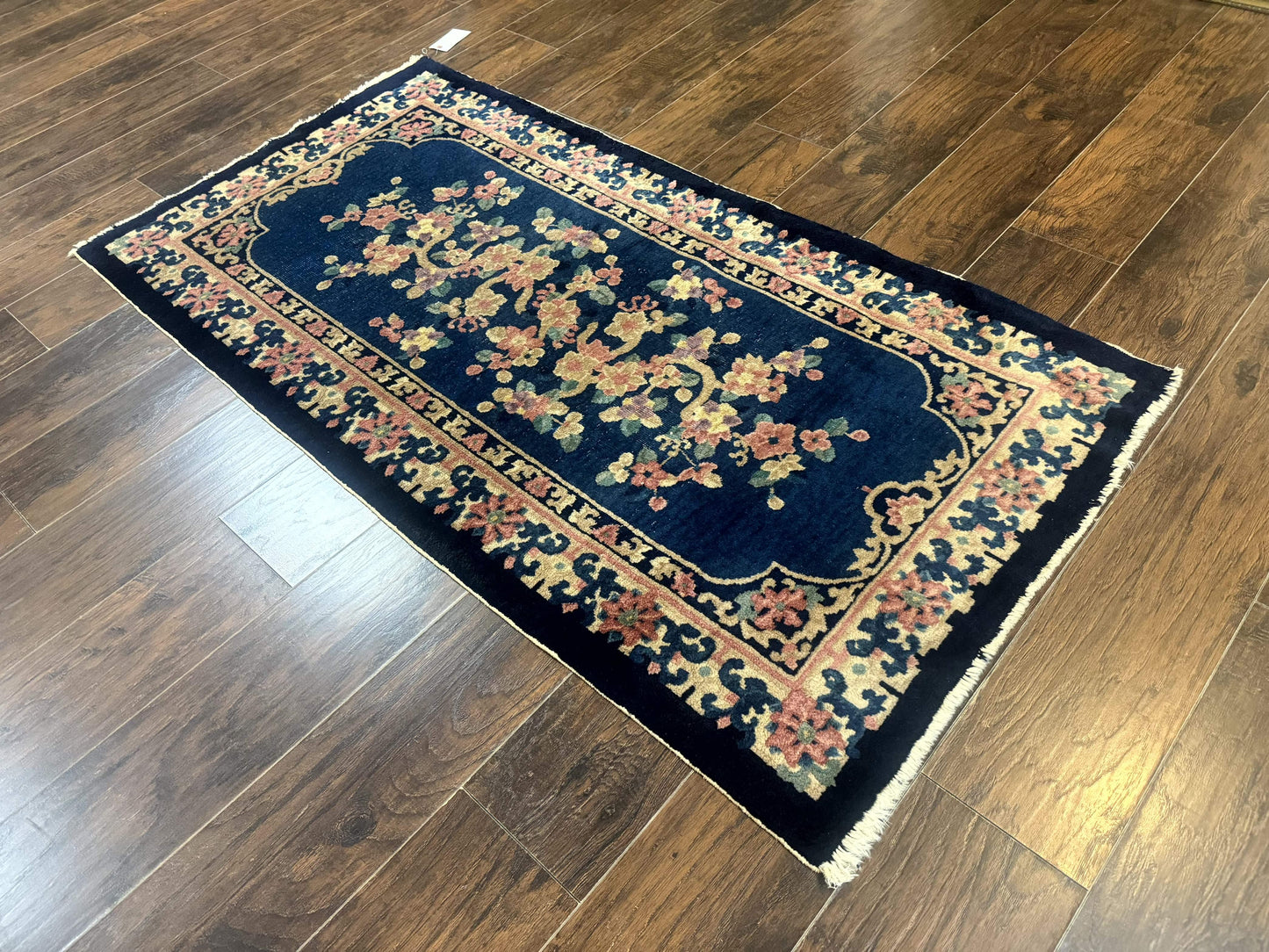 Blue And Beige Chinese Wool Rug 3x6 Peking Antique Hand Knotted Carpet