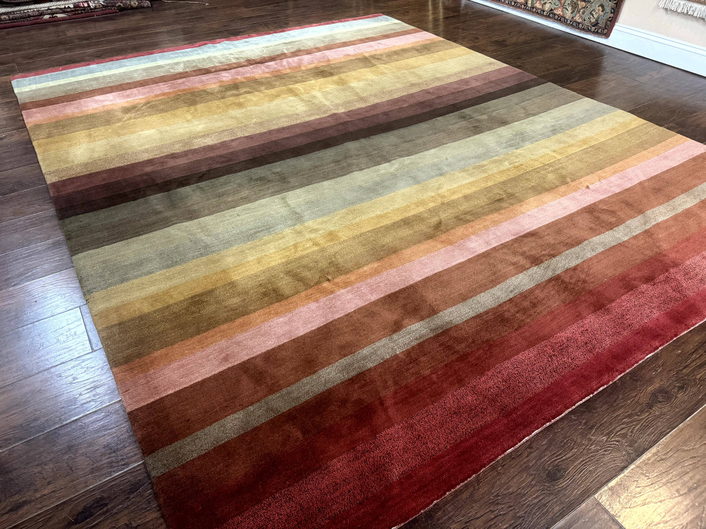 Modern Persian Gabbeh Rug 8x10, Multicolor Stripes, Soft Thick Wool Pile