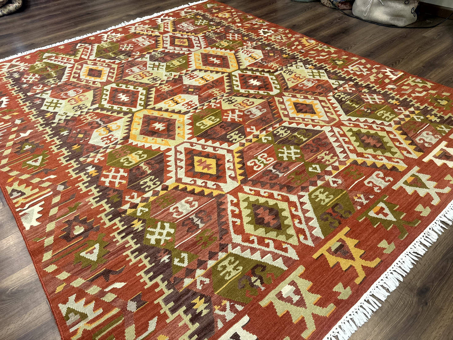 Turkish Kilim Rug 8x10 Geometric Design Handwoven Wool Carpet