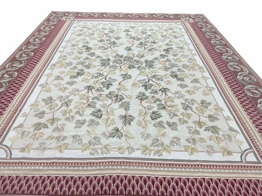 Aubusson Needlepoint Rug Traditional 9x12 Handmade Wool Floral Cream Green Maroon