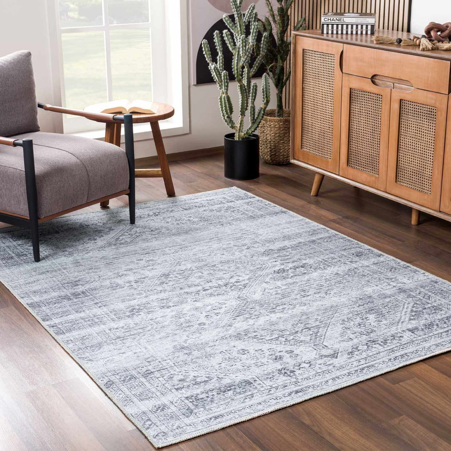 Gray Blue Washable Area Rug - Living Room Bedroom Decor