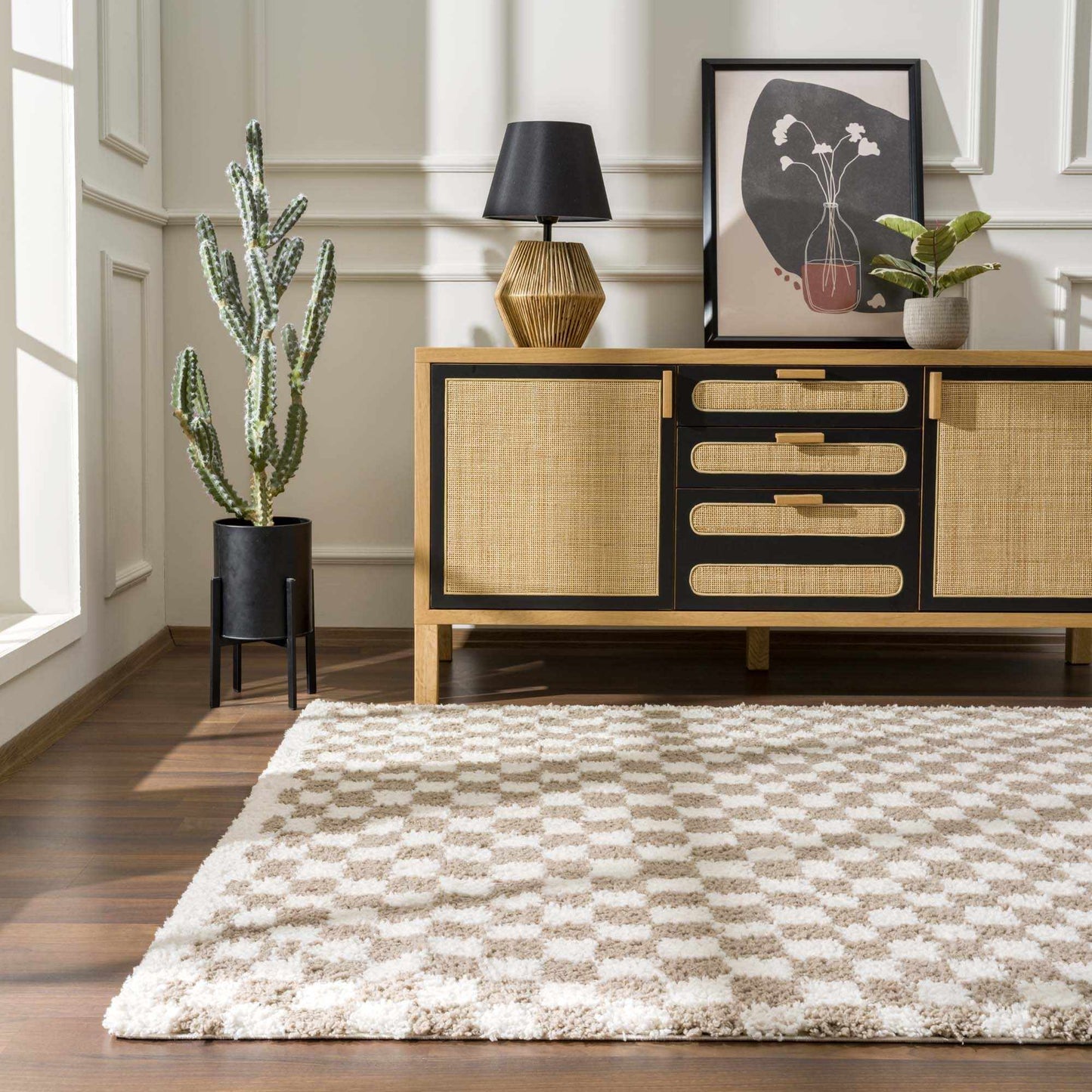 Light Gray Taupe Checkered Area Rug - Modern Living Room Decor