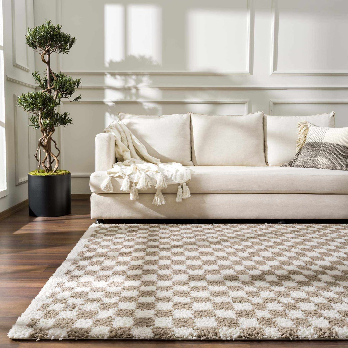 Light Gray Taupe Checkered Area Rug - Modern Living Room Decor