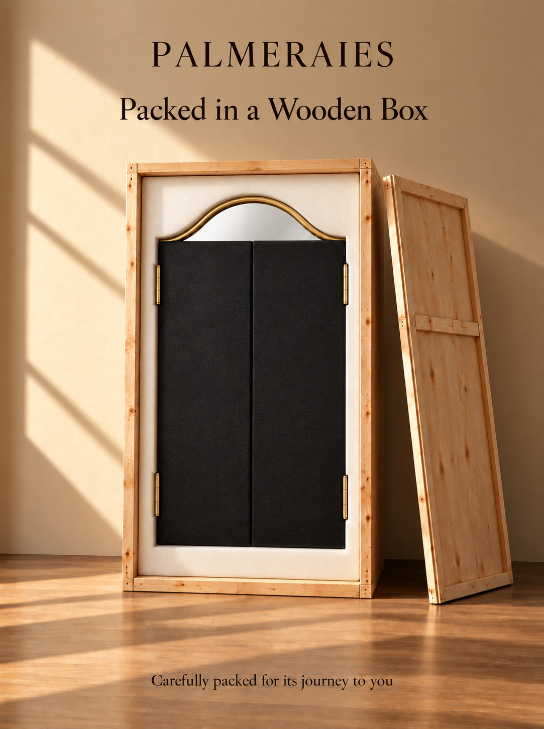 A wooden box package with two black panels and gold-toned hinges, shown standing open against a beige wall with sunlight and shadows. Text at the top reads 'PALMERAIES Packed in a Wooden Box' and small text at the bottom says 'Carefully packed for its journey to you.