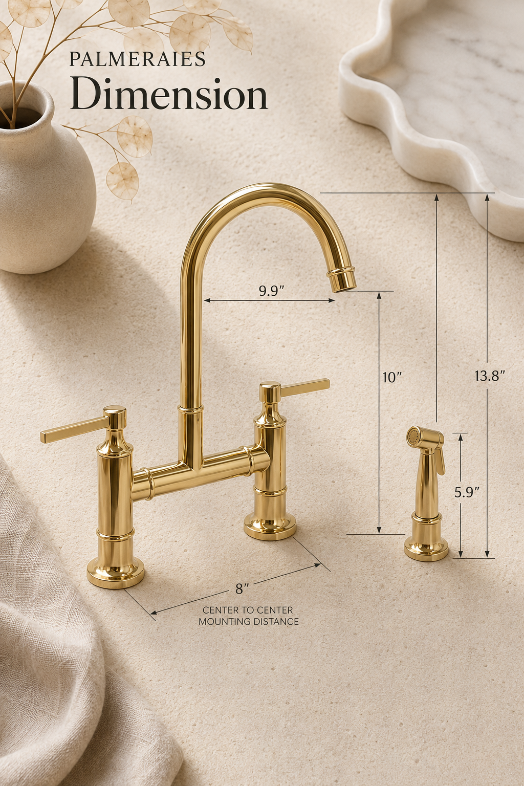 Dimension diagram of a handmade unlacquered brass bridge kitchen faucet with matching side sprayer, showing overall height, spout reach, spout clearance, mounting distance, and sprayer dimensions.