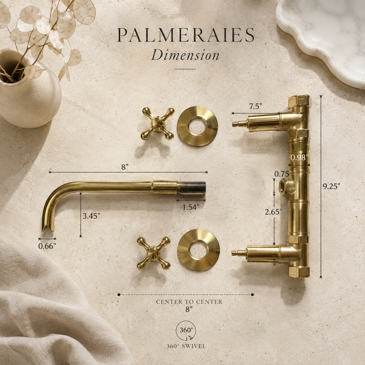 A brass bathroom faucet set laid out on a light stone surface with overlaid dimension labels and measurements, including a swivel angle note. The set includes a curved spout, vertical faucet body, two round backplates, two cross handles, and dimension markings such as 9.