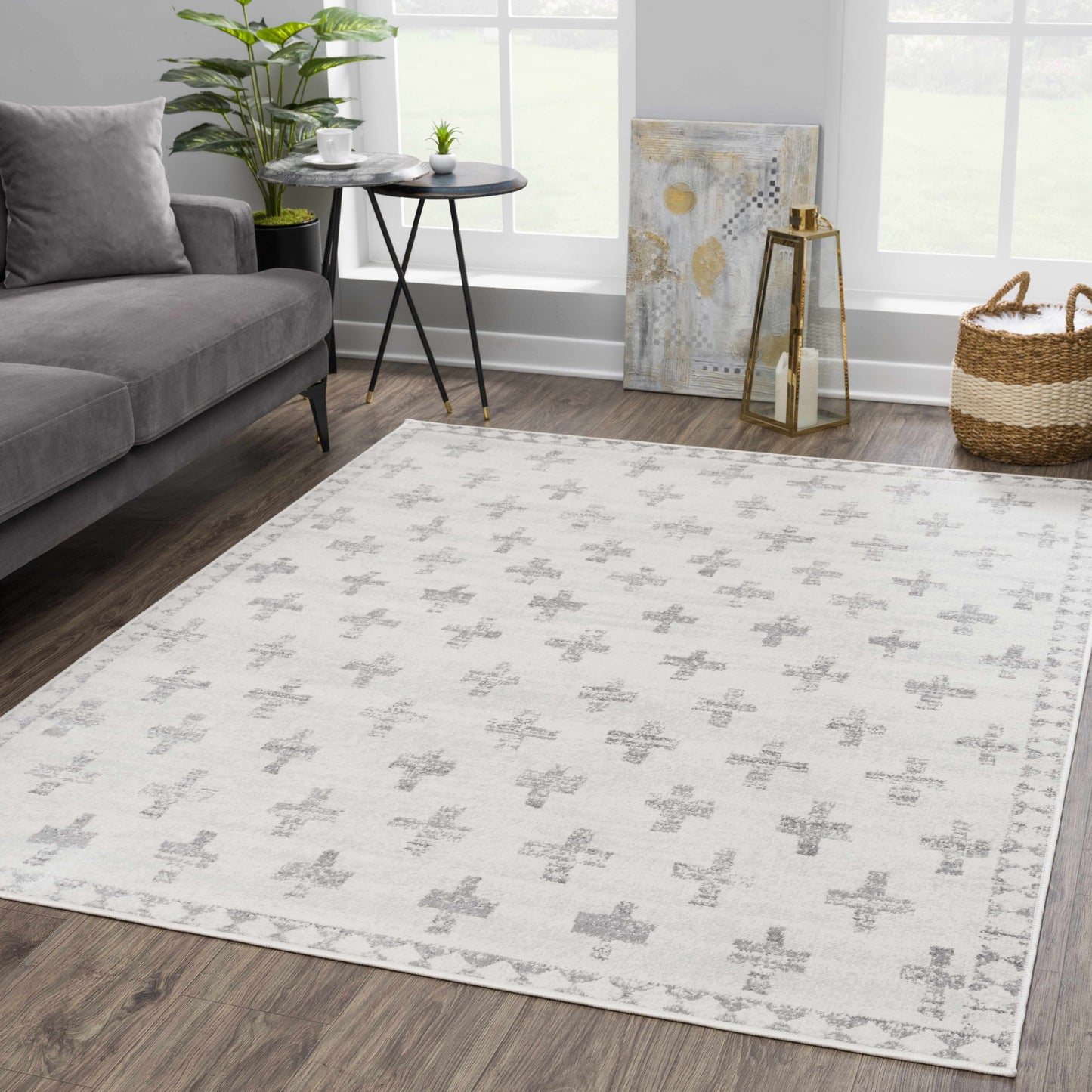 Modern Ivory Gray Area Rug - Swiss Cross Tigris Design for Stylish Interiors