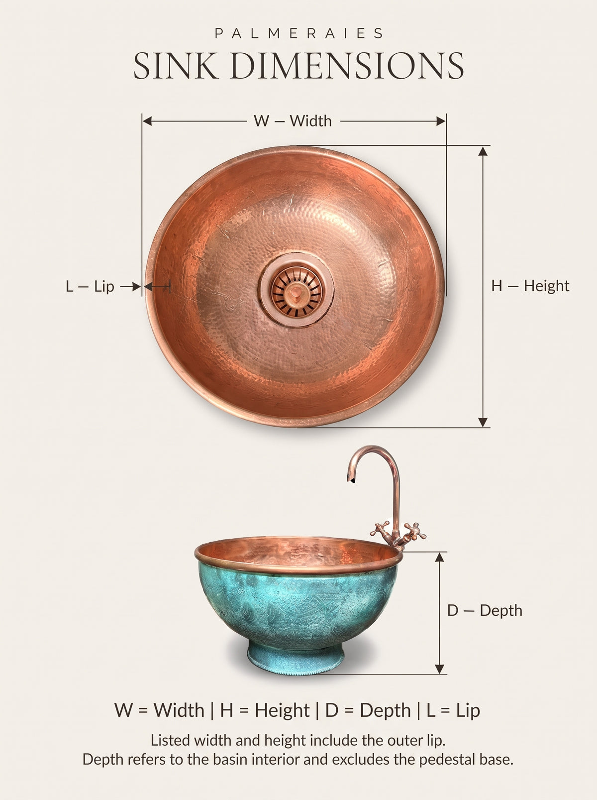 Palmeraies dimension diagram of an engraved copper vessel sink with turquoise patina, showing top and side views labeled width, height, lip, and depth. Listed sizes include the outer lip; basin depth excludes the pedestal base.