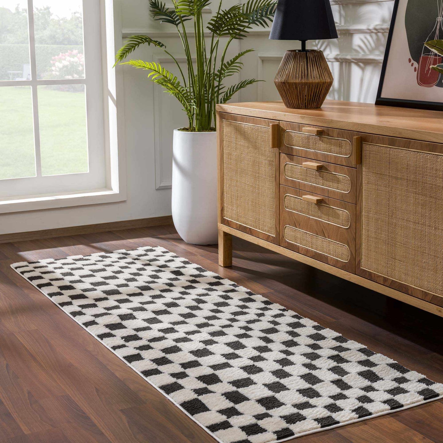Checkered Area Rug - Stylish Black and White Geometric Floor Decor