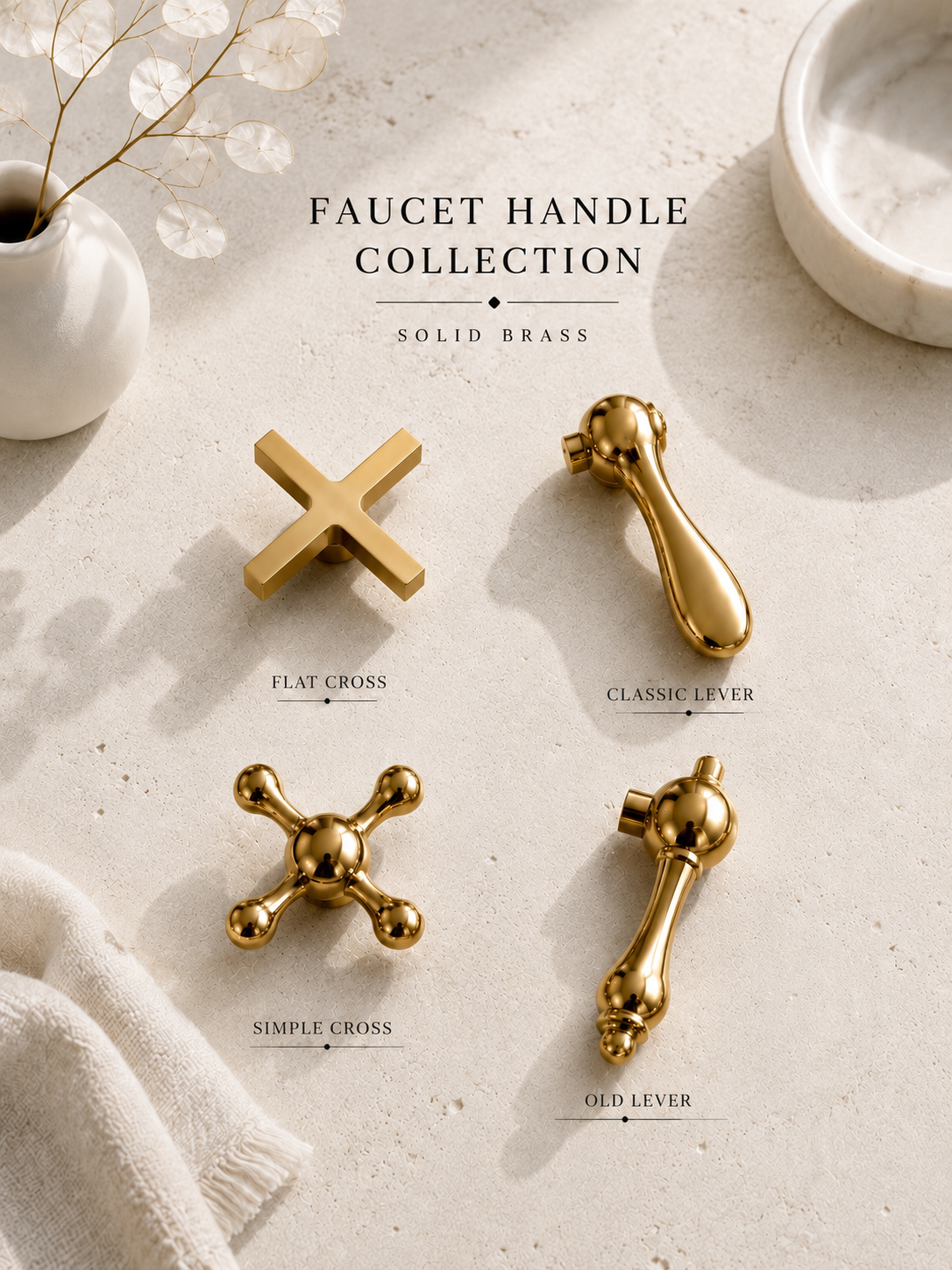 Collection of gold faucet handles on a textured surface with decorative elements.