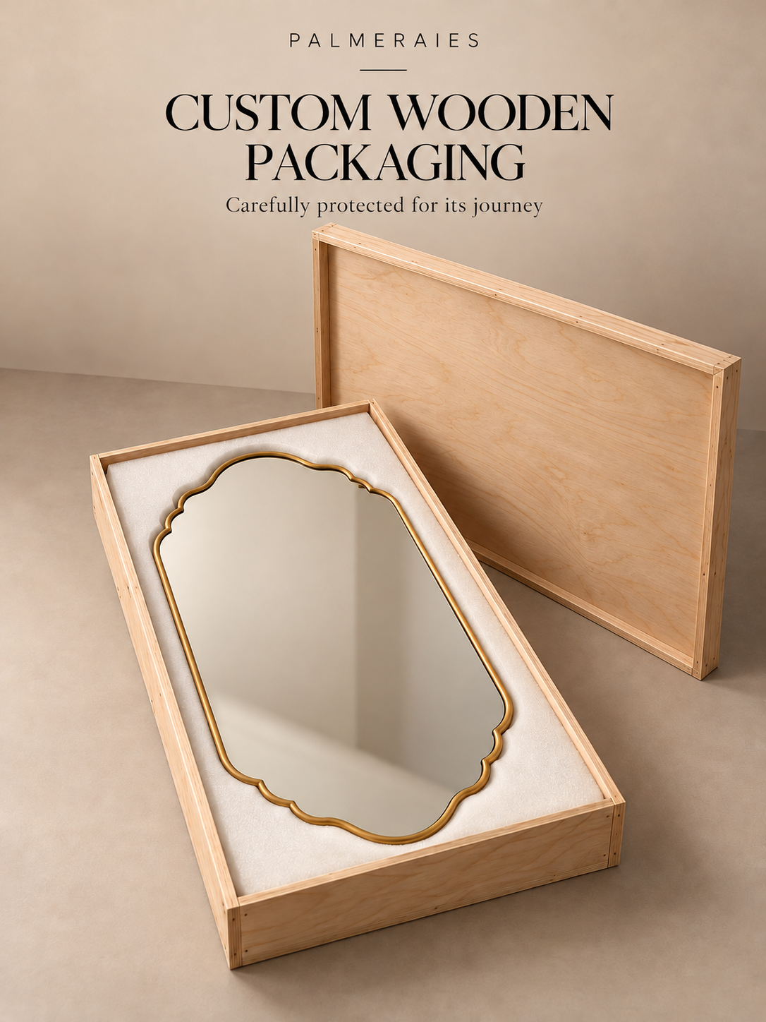 A custom wooden packaging box with a light natural wood frame and white interior cushioning, shown open with a decorative oval mirror inside. A second wooden box lid stands behind it on a beige studio surface.