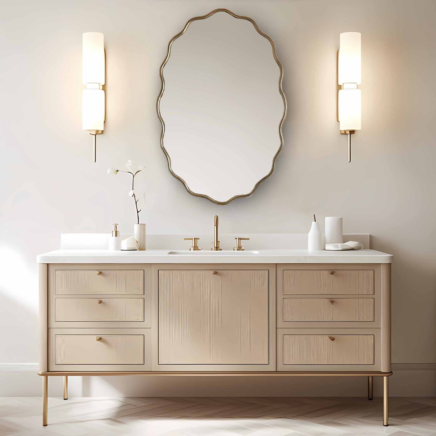 brass Flower Mirror hanged on wall bathroom