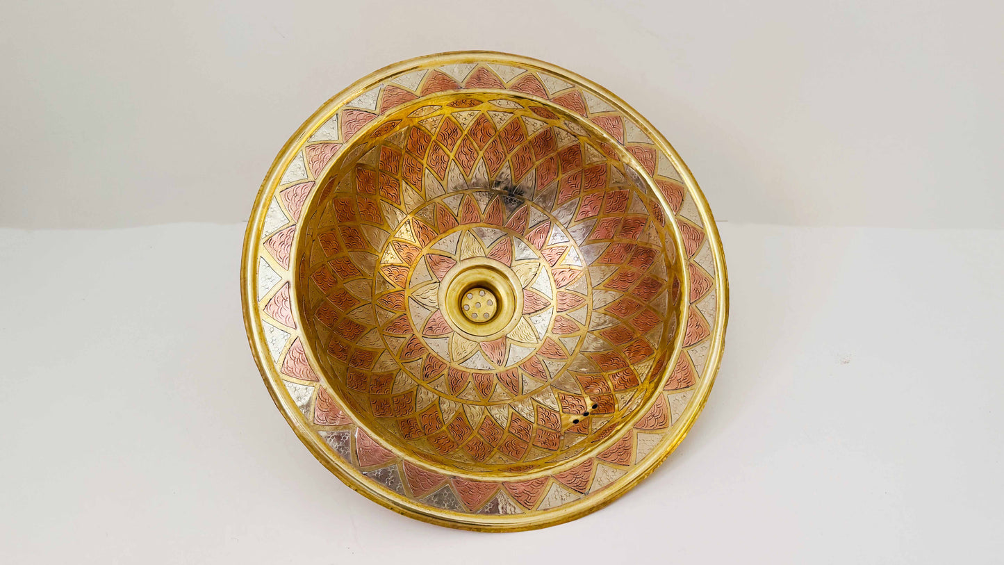 Round Bathroom Sink with tradition moroccan engraving on white background
